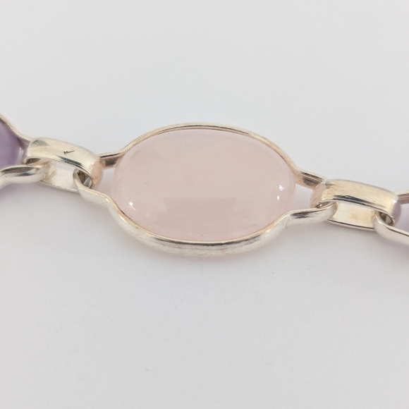 Vintage '90s Amethyst & Rose Quartz Cabochon Linked Sterling Silver Bracelet - Picture 6 of 15